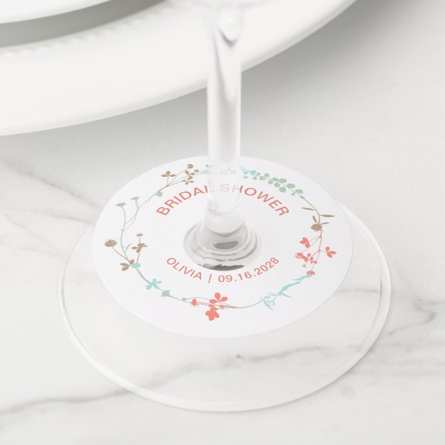Etiqueta Para Copas De Vino Corona de flores silvestres elegantes para despedi (Detalle)