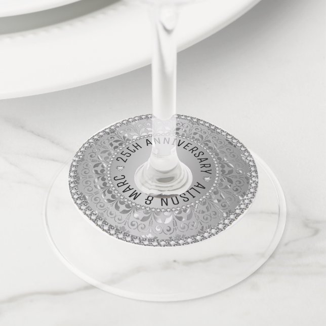 Etiqueta Para Copas De Vino Damasco gris plateado (Detalle)