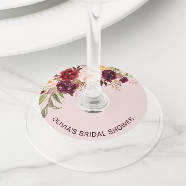 Etiqueta Para Copas De Vino Despedida de soltera floral rosa Borgoña (Detalle)
