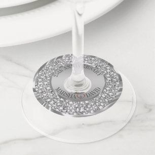Etiqueta Para Copas De Vino Diamantes plateados y corazón rojo