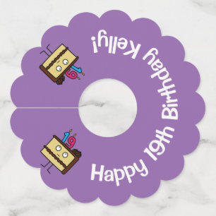 Etiqueta Para Copas De Vino diecinueveavo Torta de cumpleaños con la formación