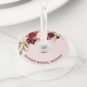 Etiqueta Para Copas De Vino Ducha de Novia Floral Borgoña Rosa