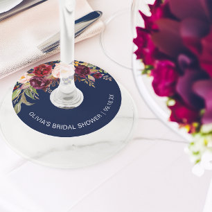 Etiqueta Para Copas De Vino Ducha Nupcial Floral Burgundy Azul Marino