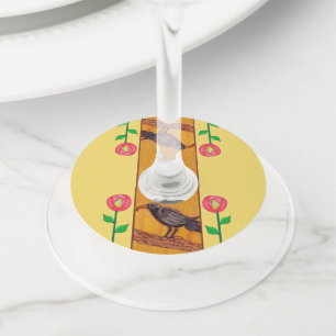 Etiqueta Para Copas De Vino El cuervo negro en una rama Flores rojas brillante