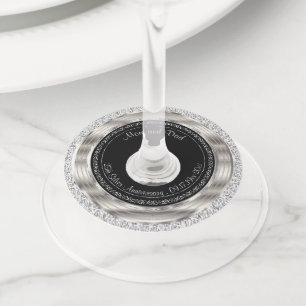 Etiqueta Para Copas De Vino Elegante 25º aniversario de Boda Plata y Negro
