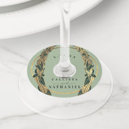 Etiqueta Para Copas De Vino Elegante verde sabio dorado deja Boda