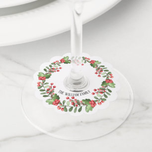 Etiqueta Para Copas De Vino Elegante Wreath moderna y guiñar Feliz Navidad