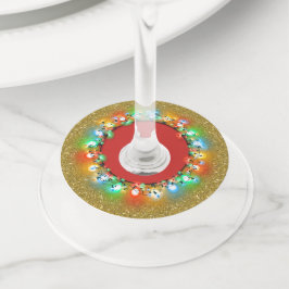 Etiqueta Para Copas De Vino Espuma dorada con bombillas de luz de vacaciones