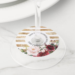 Etiqueta Para Copas De Vino Favor de boda floral de vino dorado con rubor