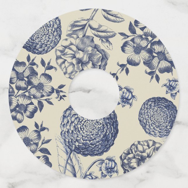 Etiqueta Para Copas De Vino Flor azul anticuada impresa floral (Anverso)