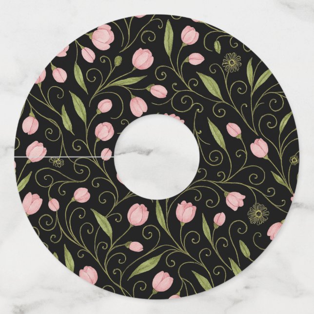 Etiqueta Para Copas De Vino Flor rosa y cúrcuta sobre negro con patrón de repe (Anverso)