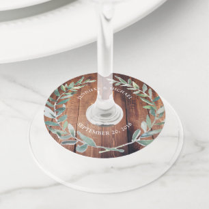 Etiqueta Para Copas De Vino Hojas de acuarela botánica en boda de madera rústi