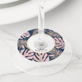 Etiqueta Para Copas De Vino Hojas tropicales boda rosa moderno, azul marino