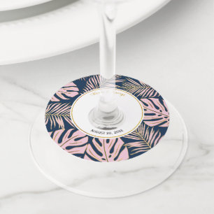 Etiqueta Para Copas De Vino Hojas tropicales boda rosa moderno, azul marino