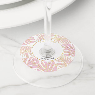 Etiqueta Para Copas De Vino Hojas tropicales boda rosa y dorado moderno