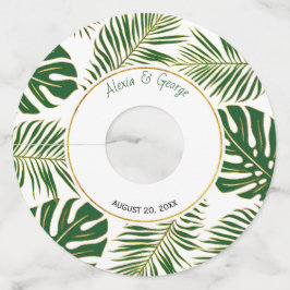 Etiqueta Para Copas De Vino Hojas tropicales oro moderno y boda verde