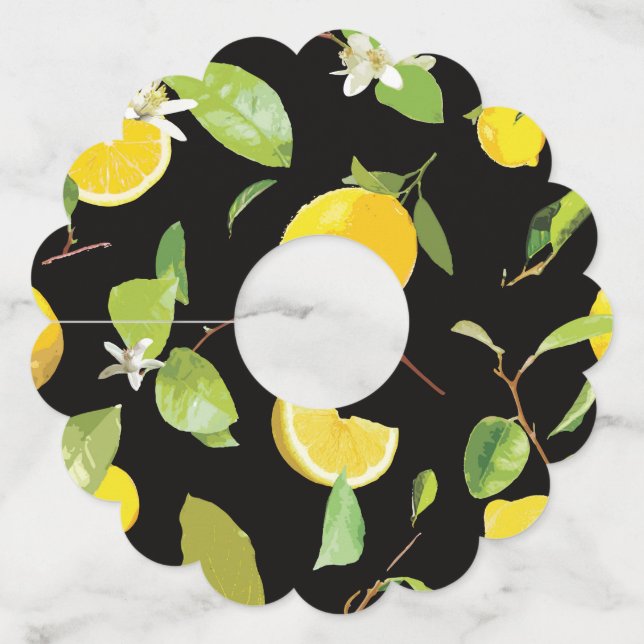 Etiqueta Para Copas De Vino Limón acuático y hojas (Anverso)