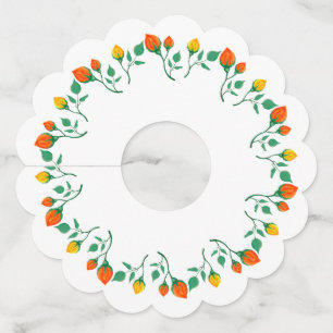 Etiqueta Para Copas De Vino Marco redondo floral con flor rosa amarilla y roja