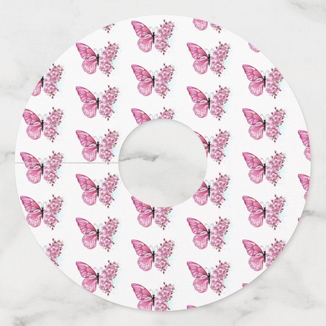 Etiqueta Para Copas De Vino Mariposa de flores con Sakura rosa (Anverso)