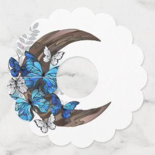 Etiqueta Para Copas De Vino Mariposas azules sobre la media luna de madera