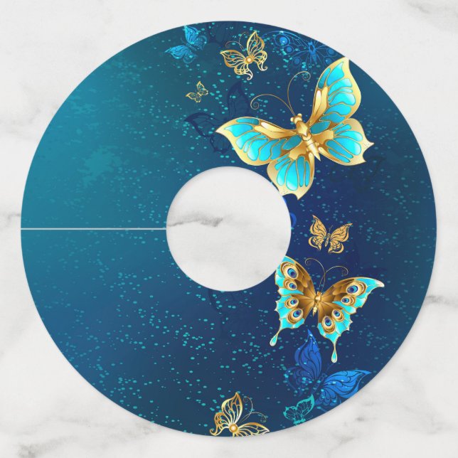Etiqueta Para Copas De Vino Mariposas doradas sobre fondo azul (Anverso)