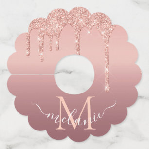 Etiqueta Para Copas De Vino Monograma Nombre Texto Rosa Oro Purpurina Rubor Sp