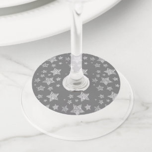 Etiqueta Para Copas De Vino Navidades Sparkle Stars patrón plateado en gris