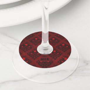 Etiqueta Para Copas De Vino Patrón de damasco de rosa gótica roja vintage para
