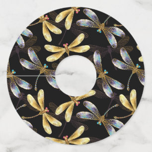 Etiqueta Para Copas De Vino Patrón sin foco con Dragonflies dorados