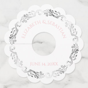 Etiqueta Para Copas De Vino Plata rosa y gris Vingage Boda de frontera filigrí