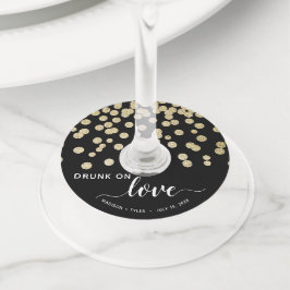 Etiqueta Para Copas De Vino Purpurina de oro y negro Dot ebrio sobre Boda de d