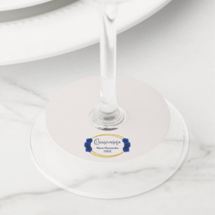 Etiqueta Para Copas De Vino Quinceañera geométrica real azul y oro