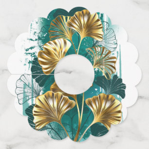 Etiqueta Para Copas De Vino Rama con hojas doradas Ginko Biloba