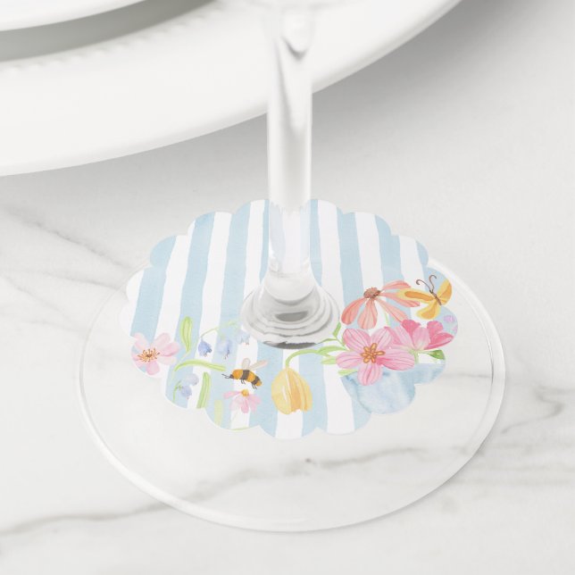 Etiqueta Para Copas De Vino Rayas azules de color acuático floral (Detalle)