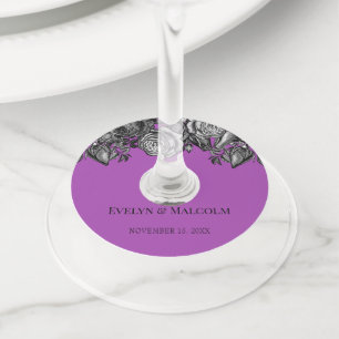 Etiqueta Para Copas De Vino Rosas negras y blancas: Boda púrpura brillante