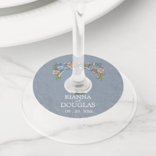 Etiqueta Para Copas De Vino Rústico Boda de pájaro floral azul
