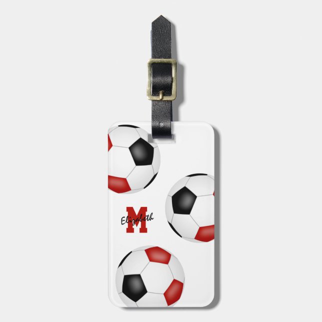Etiqueta Para Maletas 3 bolas rojas de fútbol negro monogramadas (Frente Vertical)