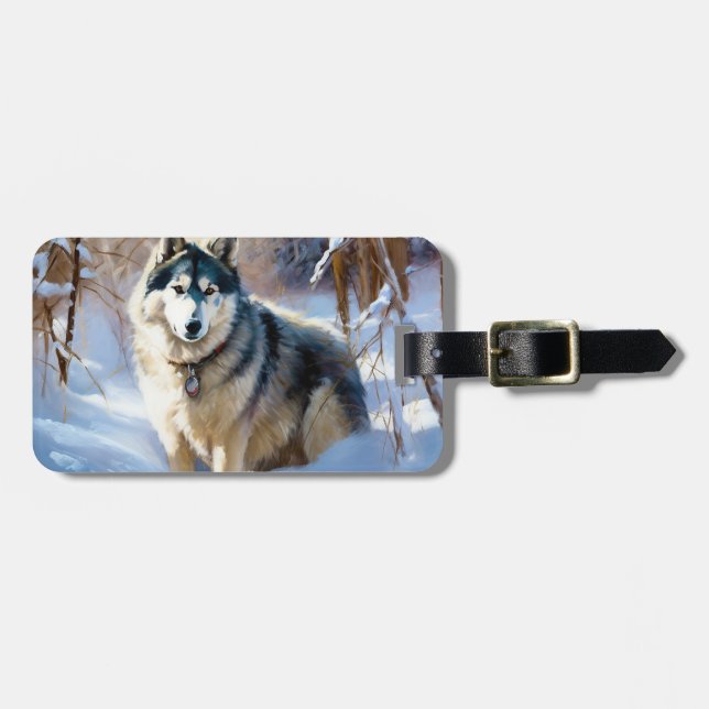 Etiqueta Para Maletas Aaskan Malamute deja que nieve Navidades (Frente Horizontal)