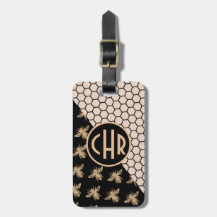 Etiqueta Para Maletas Abejas negras y doradas y monograma de Honeycomb r