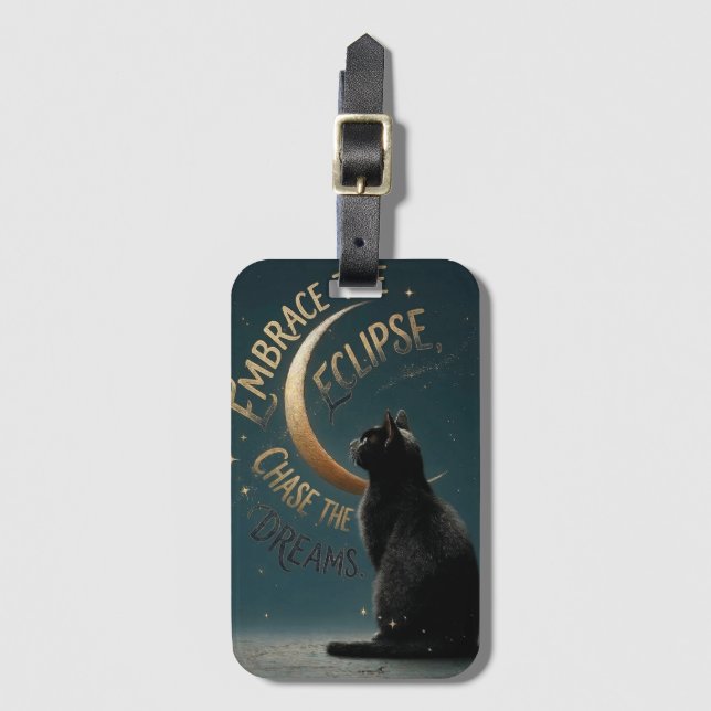 Etiqueta Para Maletas "abraza el eclipse" Ilustración de gato celestial (Anverso vertical)