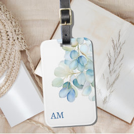 Etiqueta Para Maletas Acuarela Azul Hidrangea Botánica Monograma