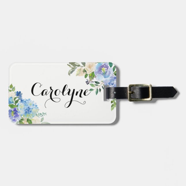 Etiqueta Para Maletas Acuarela Azul Hidrangeas Floral Personalizada (Frente Horizontal)