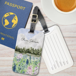 Etiqueta Para Maletas Acuarela Azul Púrpura Flor pradera en montaña