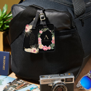 Etiqueta Para Maletas Acuarela Boho Floral en Negro   Monograma Chic