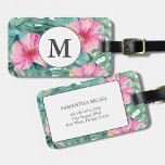 Etiqueta Para Maletas Acuarela de Isla Tropical<br><div class="desc">Esta etiqueta tropical para el equipaje incluye flores color agua rosado y hojas de palma verdes. Personalice los campos de plantilla con su nombre,  número de teléfono y dirección.</div>
