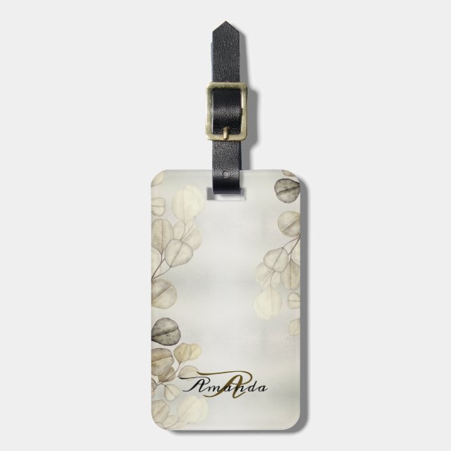 Etiqueta Para Maletas Acuarela Eucalipto Dorado Foliage Brillante Elegan (Frente Vertical)