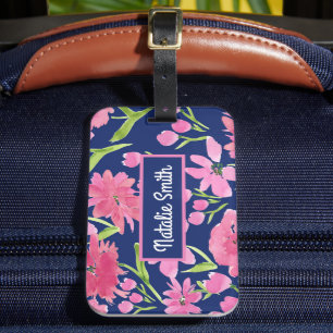 Etiqueta Para Maletas Acuarela floral rosa personalizada en la marina