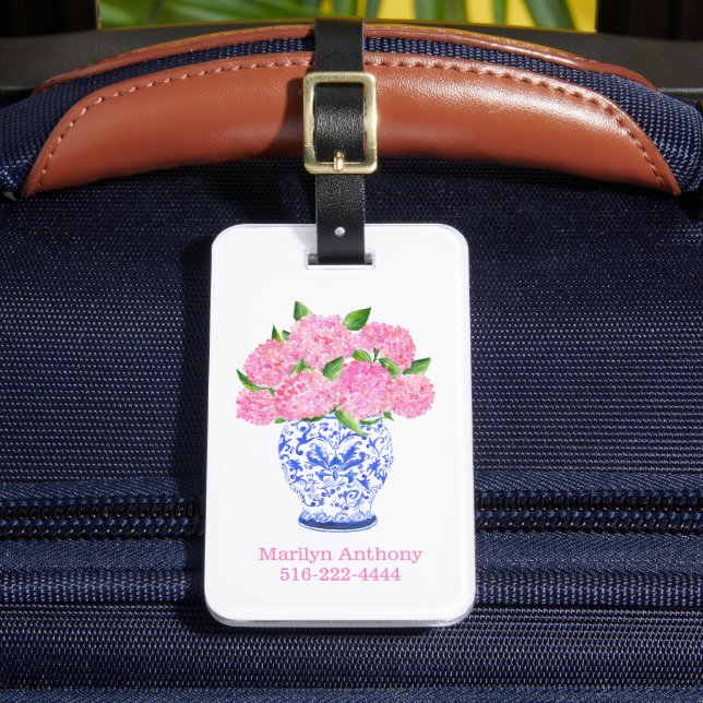 Etiqueta Para Maletas Acuarela Rosa Hydrangea Chinoiserie Número de nomb (Anverso In situ 2)
