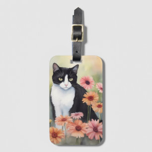 Etiqueta Para Maletas Acuarela Tuxedo Cat Con Flores Gerbera Daisy