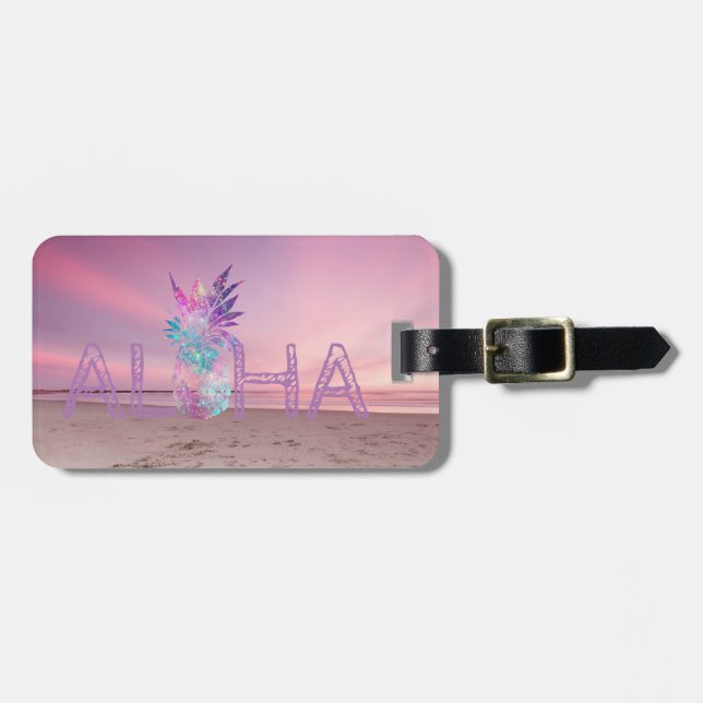 Etiqueta Para Maletas Adorable Aloha Hawaiian Pineapple, Beach Sunset (Frente Horizontal)